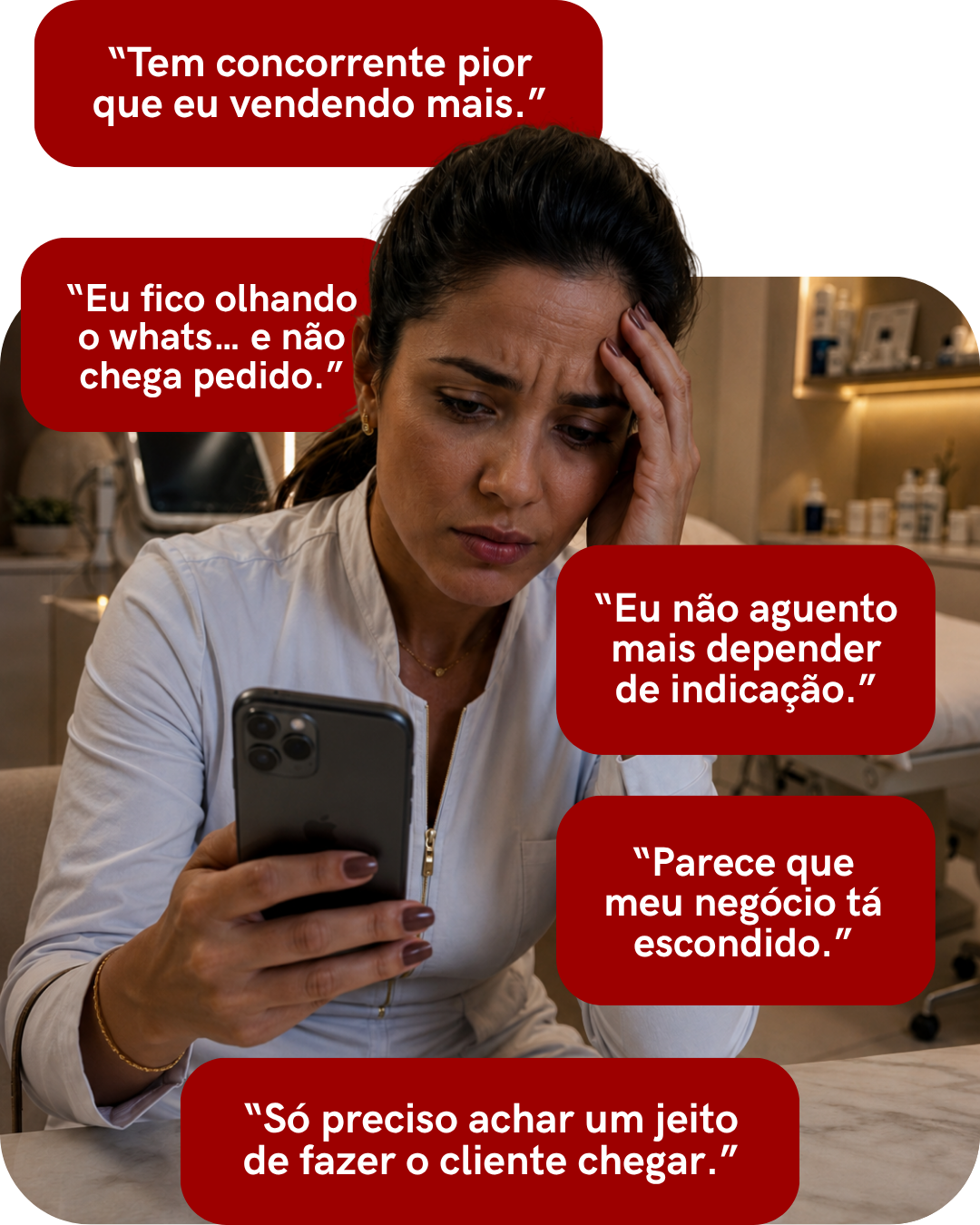Mulher preocupada com balões de frustração sobre falta de clientes
