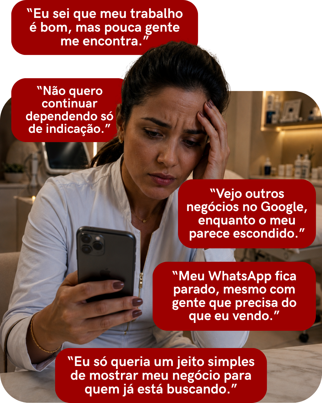 Mulher preocupada com celular e balões de frustração sobre falta de clientes no Google