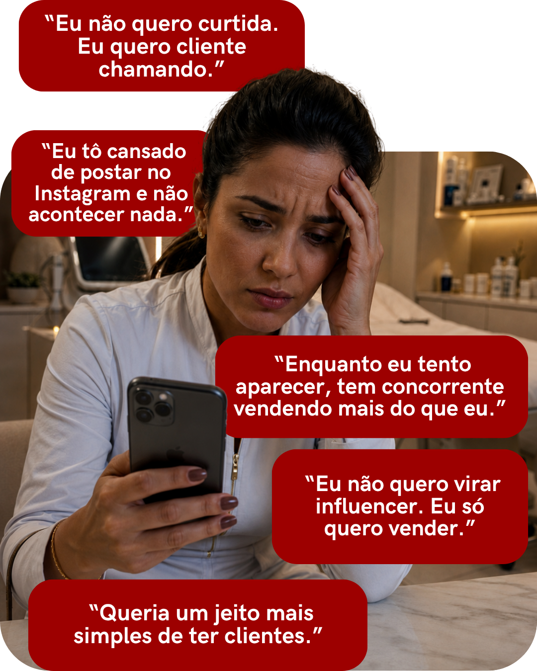 Mulher preocupada com balões de frustração sobre falta de clientes