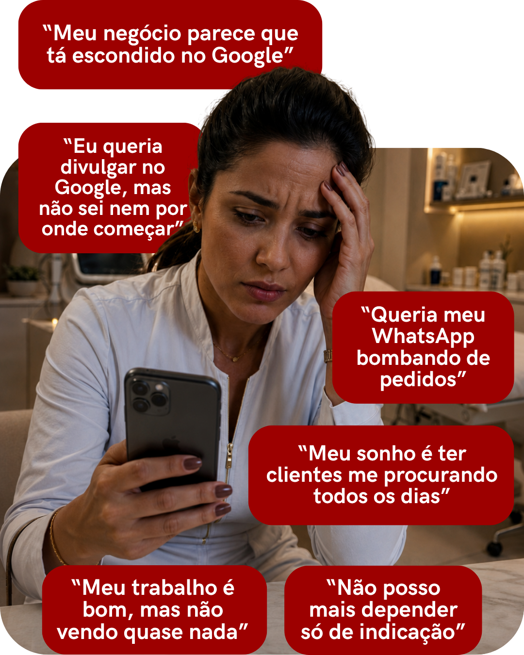 Mulher preocupada com celular e balões de frustração sobre falta de clientes no Google