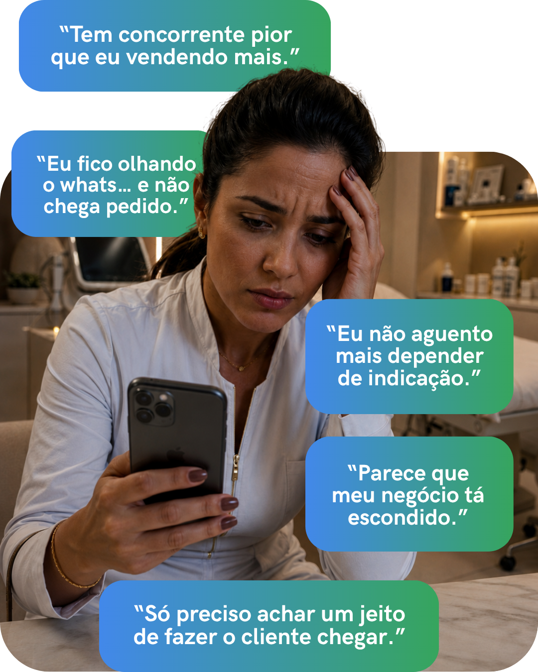Mulher preocupada com balões de frustração sobre falta de clientes